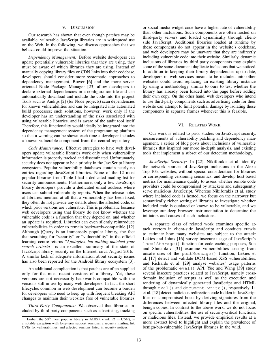 Thou Shalt Not Depend on Me: Analysing the Use of Outdated Javascript Libraries on the Web - Tobias Lauinger, Abdelberi Chaabane, Sajjad Arshad, William Robertson, Christo Wilson, Engin Kirda, Page 13