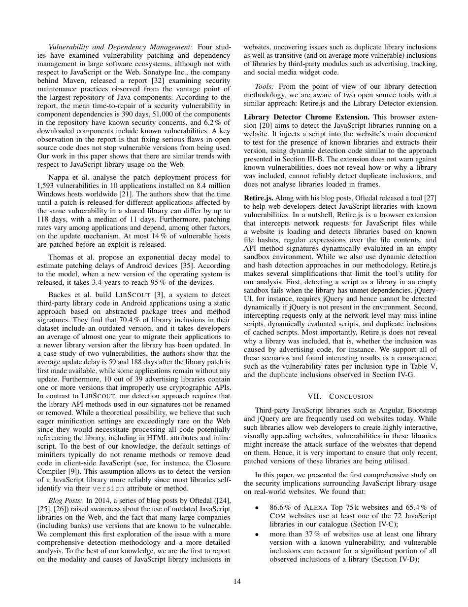 Thou Shalt Not Depend on Me: Analysing the Use of Outdated Javascript Libraries on the Web - Tobias Lauinger, Abdelberi Chaabane, Sajjad Arshad, William Robertson, Christo Wilson, Engin Kirda, Page 14
