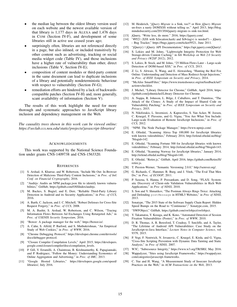 Thou Shalt Not Depend on Me: Analysing the Use of Outdated Javascript Libraries on the Web - Tobias Lauinger, Abdelberi Chaabane, Sajjad Arshad, William Robertson, Christo Wilson, Engin Kirda, Page 15