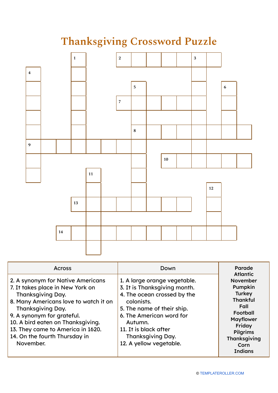 Thanksgiving Crossword Puzzle - Brown Image Preview