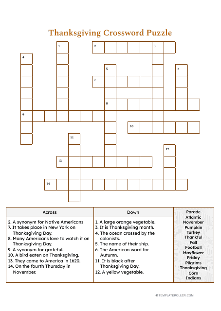 Thanksgiving Crossword Puzzle - Brown