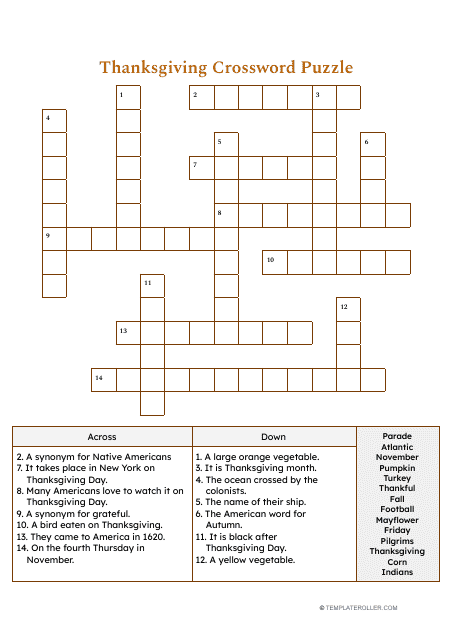 Thanksgiving Crossword Puzzle Brown Download Printable PDF 