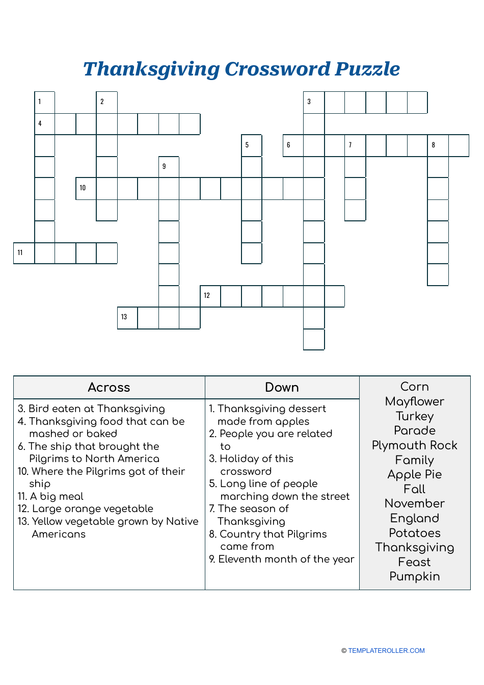 A preview image of the Thanksgiving Crossword Puzzle.