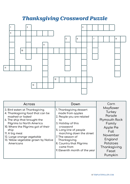 Thanksgiving Crossword Puzzle - With Answers