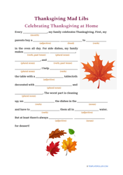 Document preview: Thanksgiving Mad Libs - Celebrating Thanksgiving at Home