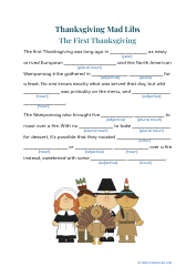 Document preview: Thanksgiving Mad Libs - the First Thanksgiving
