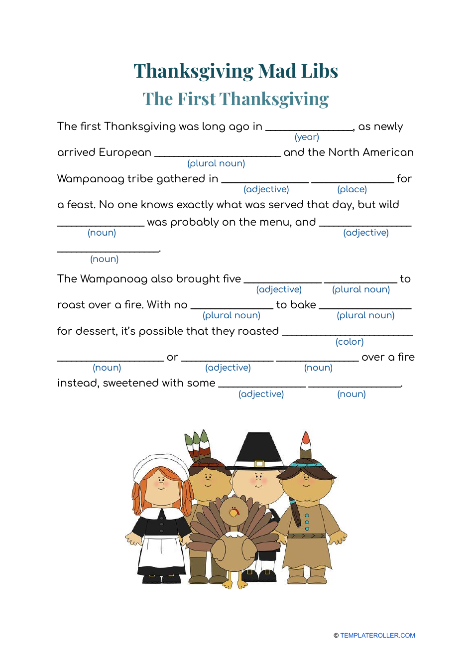 Thanksgiving Mad Libs the First Thanksgiving Download Printable PDF