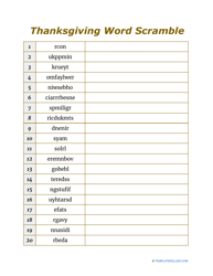 Document preview: Thanksgiving Word Scramble - Brown