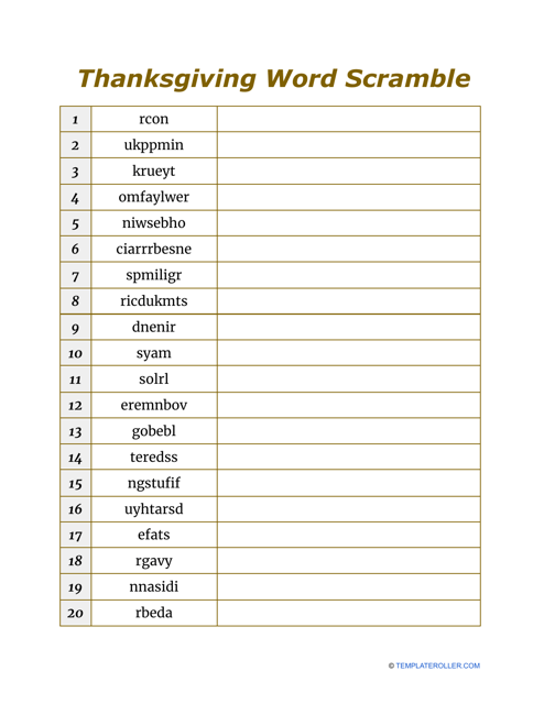 Thanksgiving Word Scramble - Brown