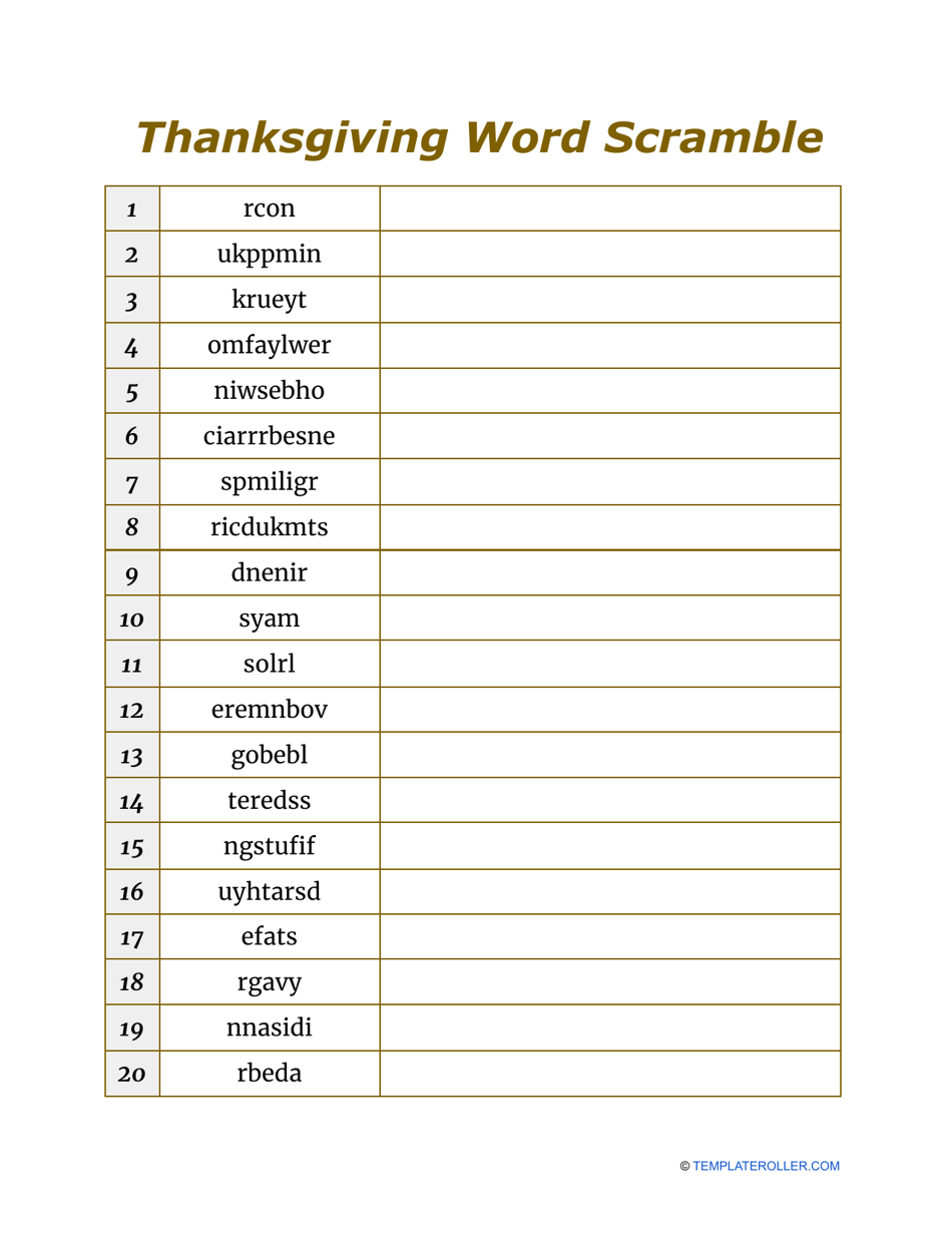 Thanksgiving Word Scramble - Brown Download Printable PDF | Templateroller