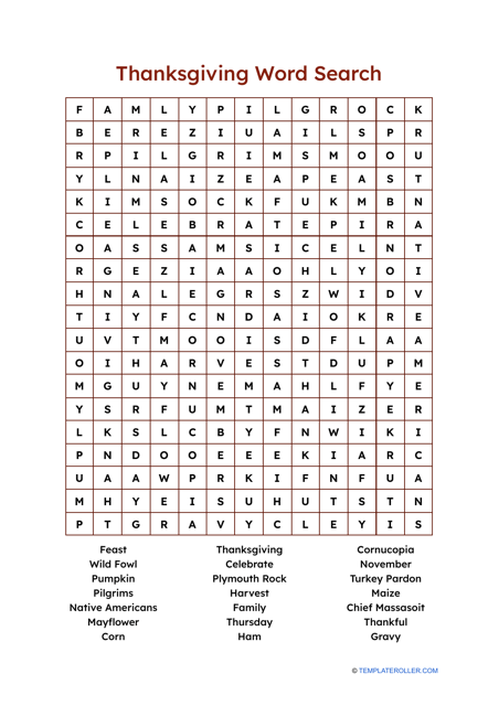 Thanksgiving Word Search - With Answers