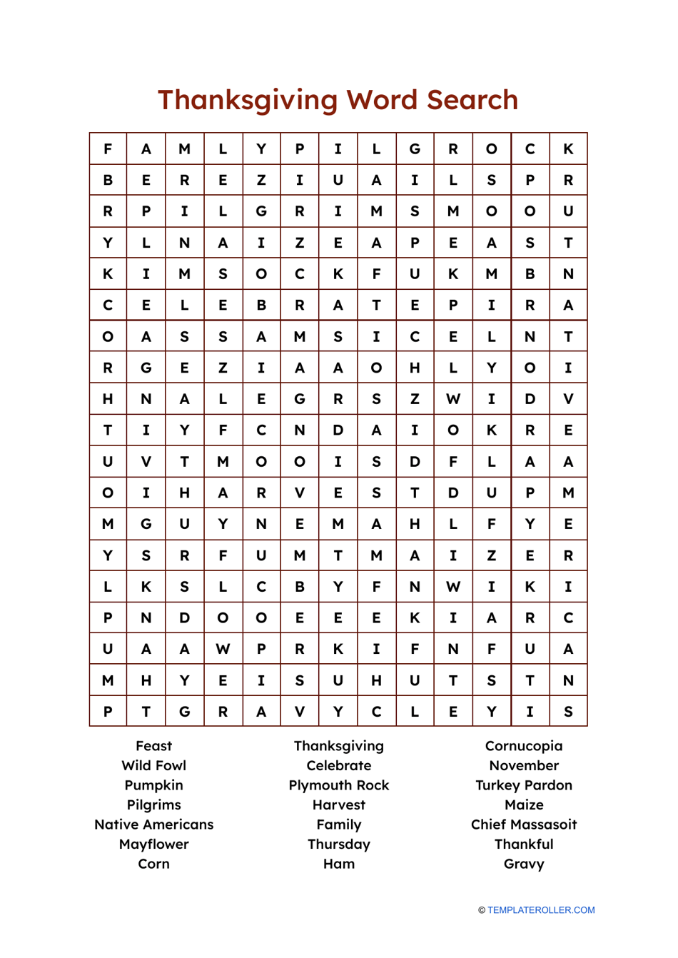 Thanksgiving Word Search - With Answers Download Printable PDF ...