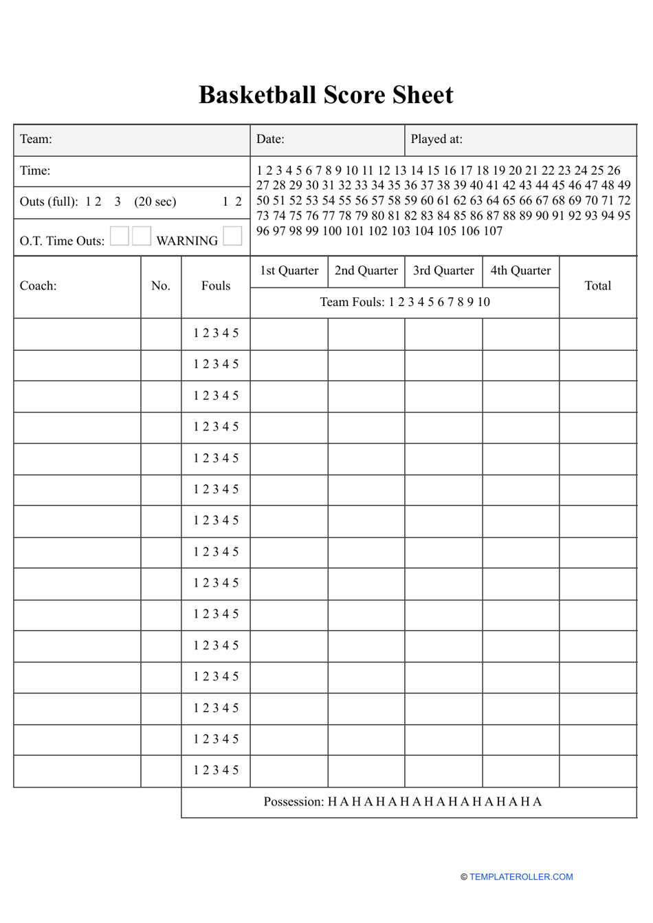 Basketball Score Sheet Template Download Printable Pdf Templateroller 5411
