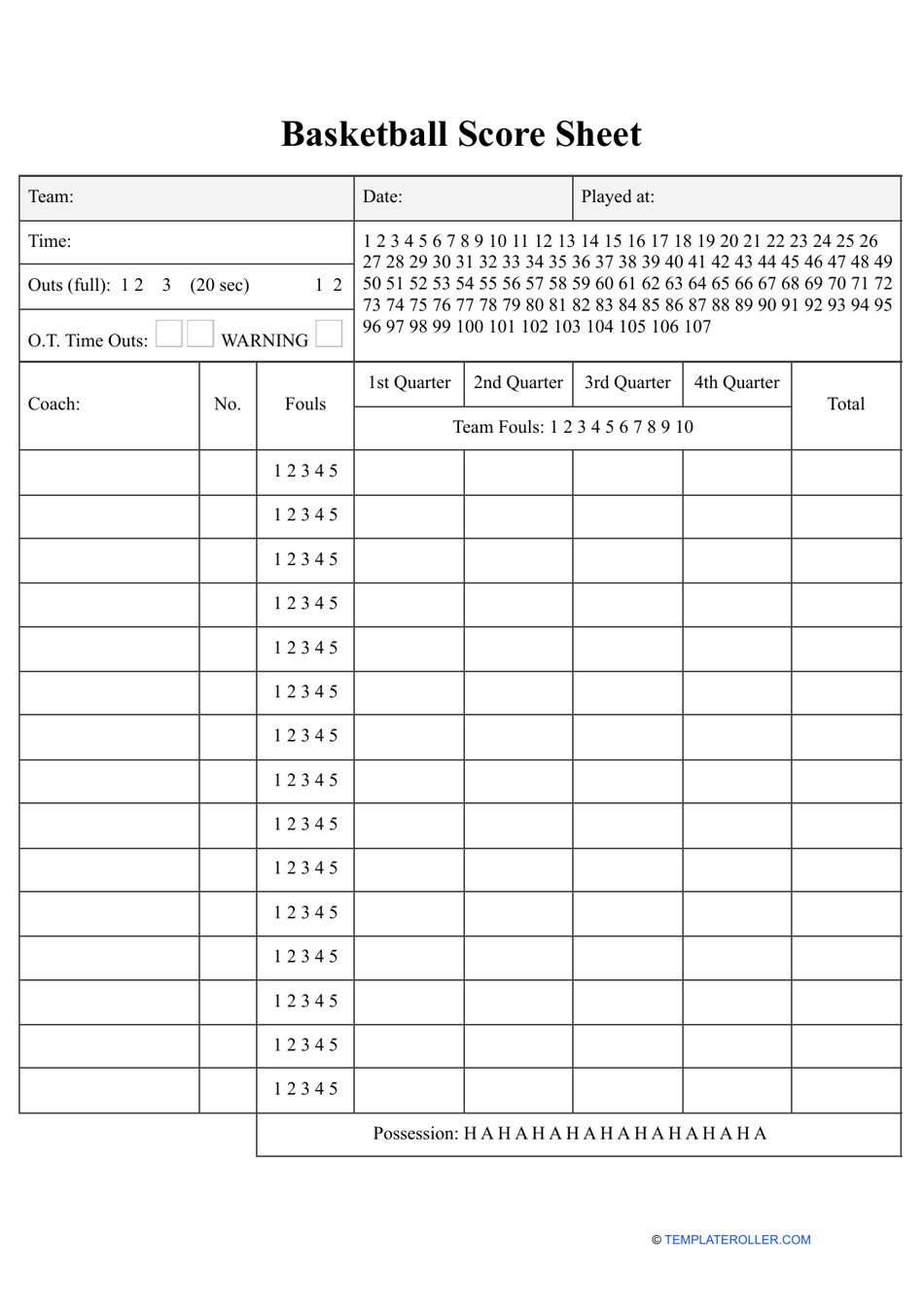 Basketball Score Sheet Template Download Printable PDF Templateroller