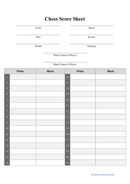 &quot;Chess Score Sheet Template&quot; Download Pdf