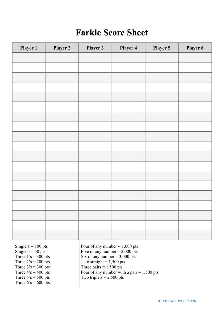 Farkle Score Sheet Template - Printable Document