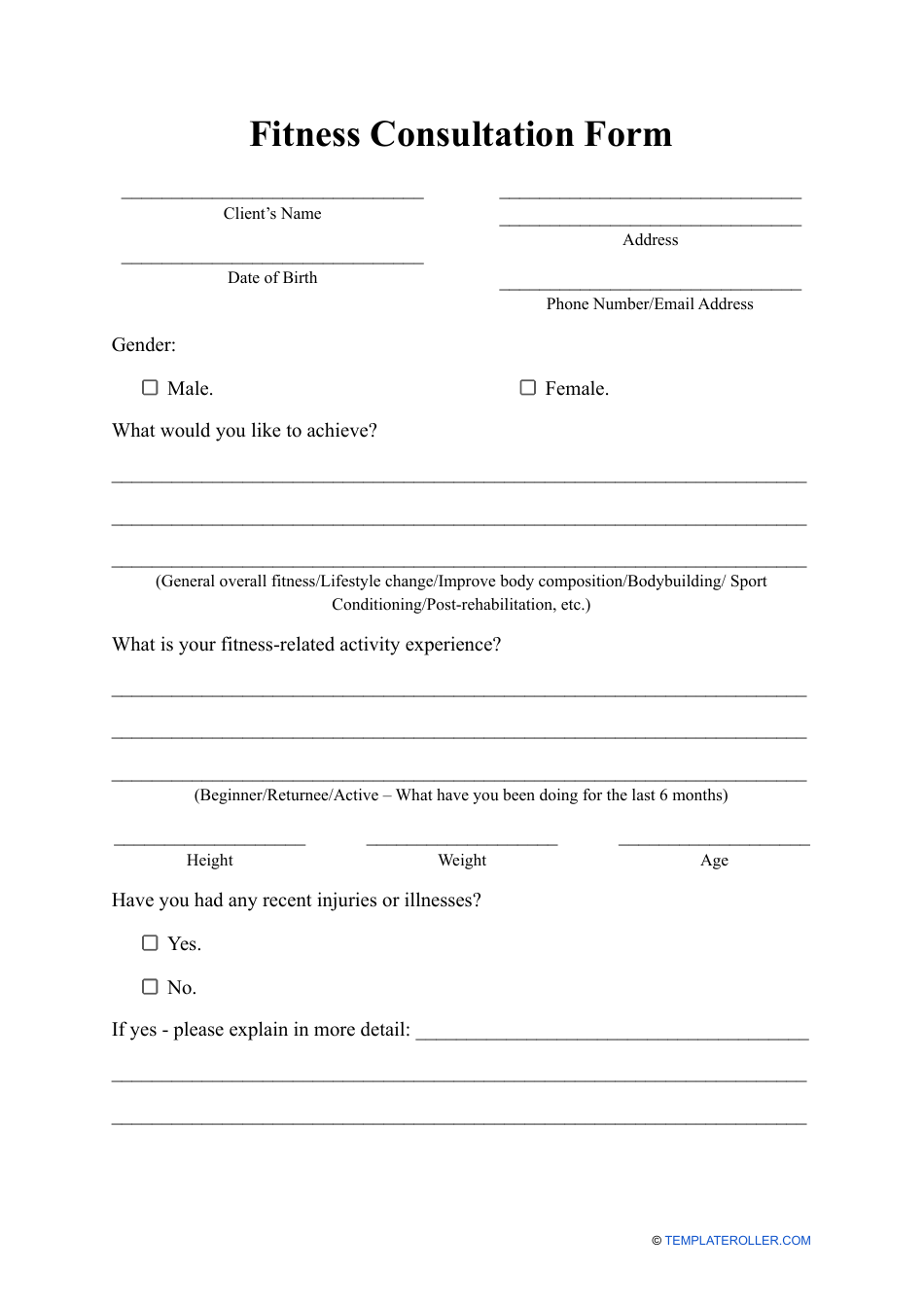 Fitness Consultation Form Fill Out Sign Online and Download PDF