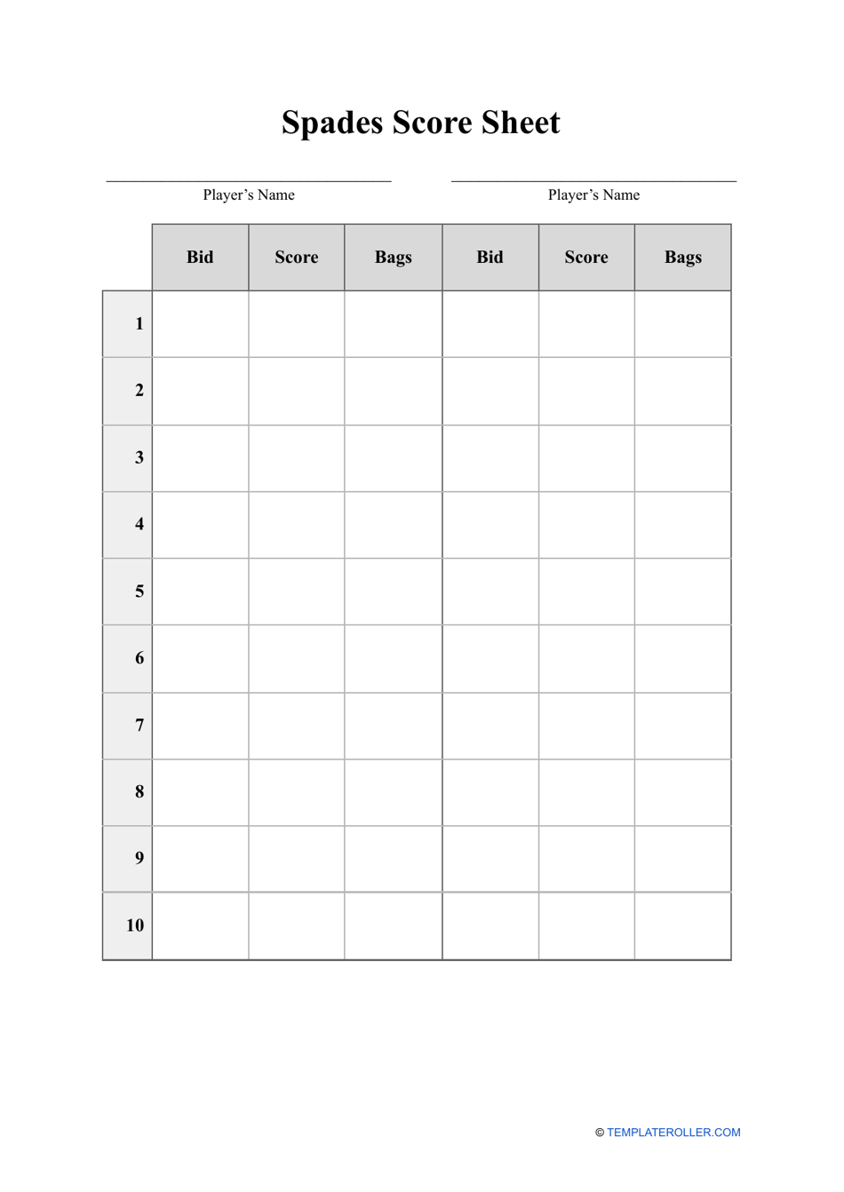 Spades Score Sheet Template Download Printable PDF Templateroller