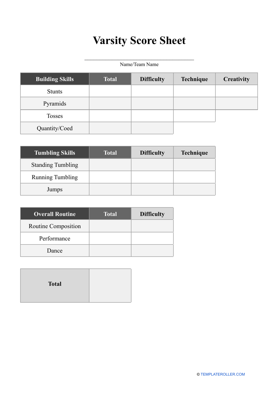 Varsity Score Sheet Template Download Printable PDF Templateroller