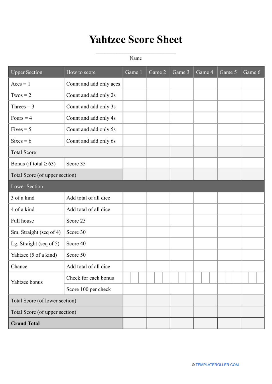 A preview of the Yahtzee score sheet template
