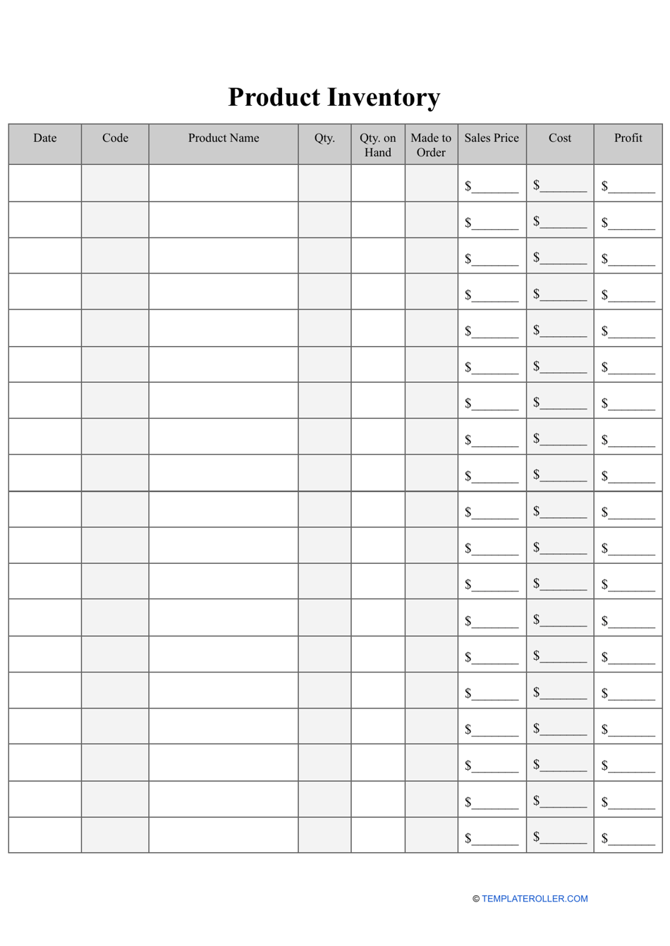 Product Inventory Template, Page 1