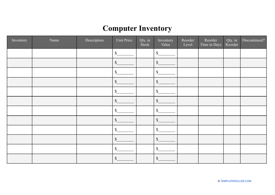 Computer Inventory Template - Empty Table