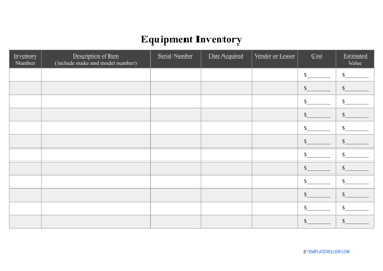Document preview: Equipment Inventory Template - Small Table