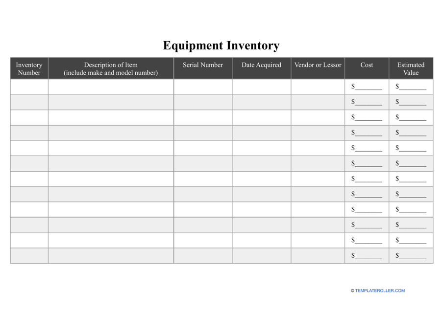 Equipment Inventory Template - Small Table