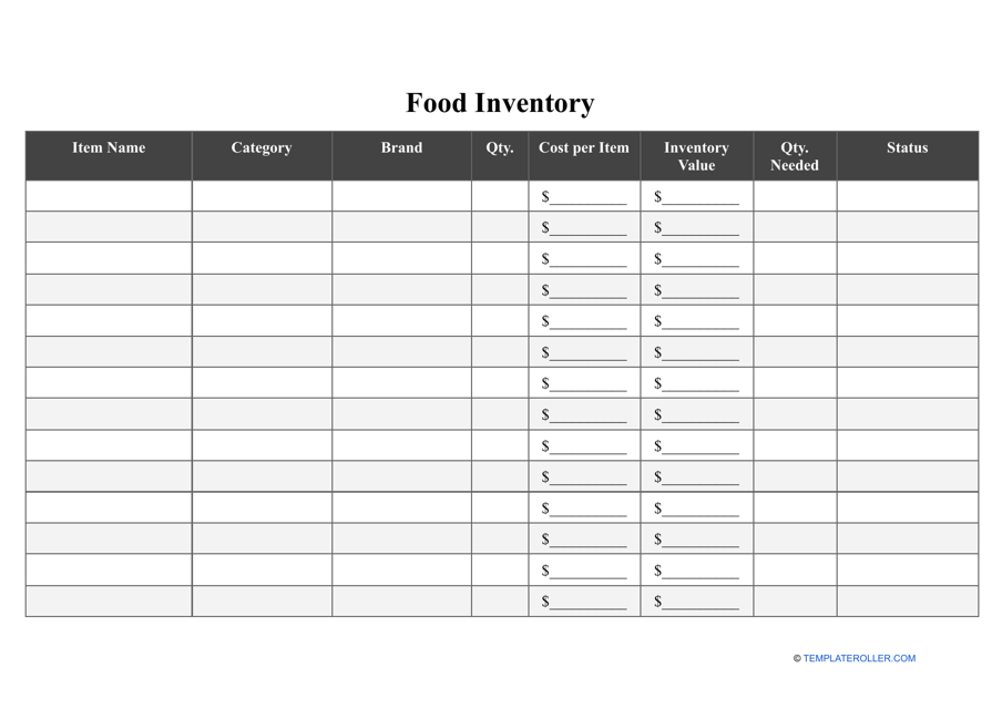 Food Inventory Template - Table