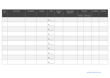 Personal Property Inventory List Template, Page 2
