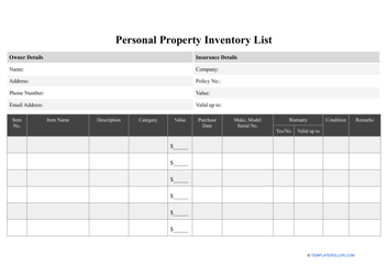 Document preview: Personal Property Inventory List Template