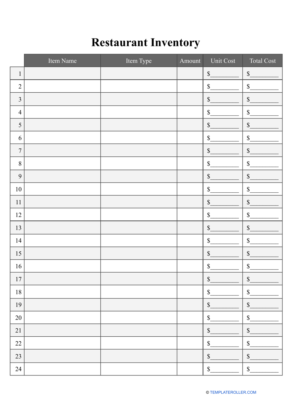 Restaurant Inventory Template, Page 1