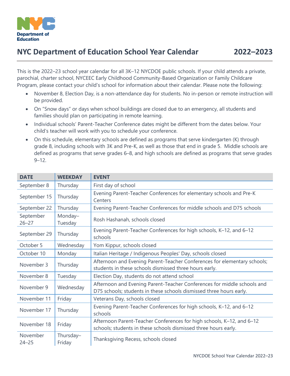 School Calendar 2022 to 2023 - New York, Page 1