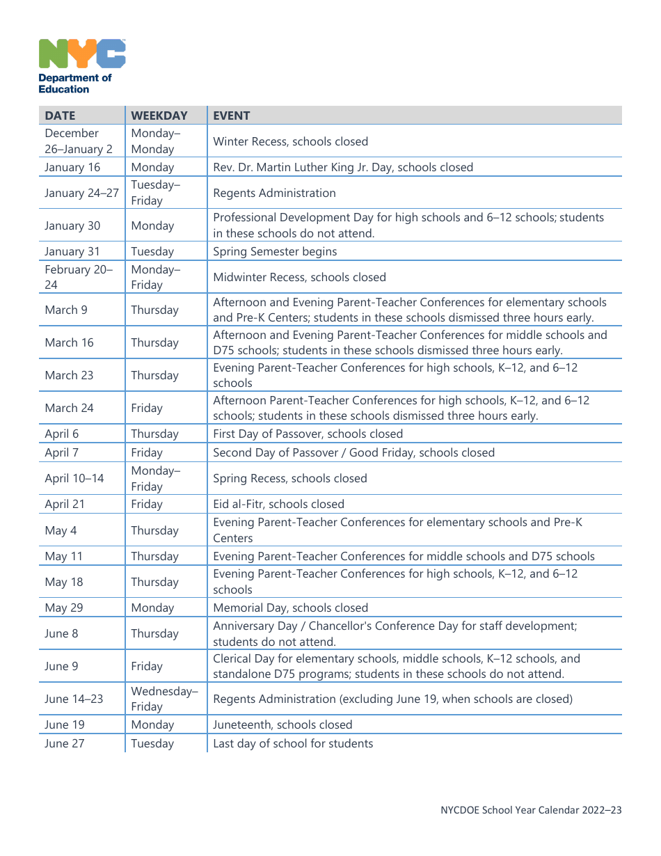 New York School Calendar 2022 to 2023 Fill Out, Sign Online and