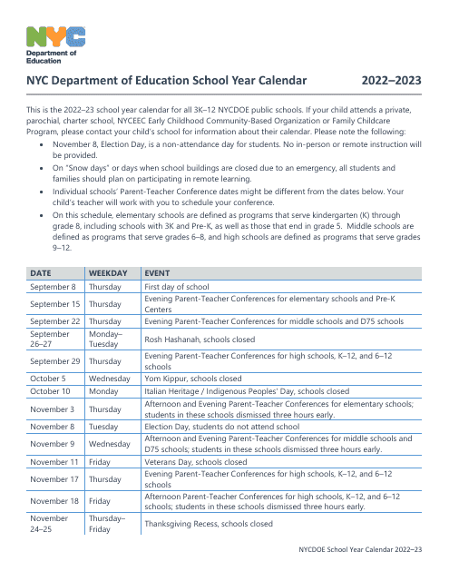 School Calendar 2022 to 2023 - New York Download Pdf