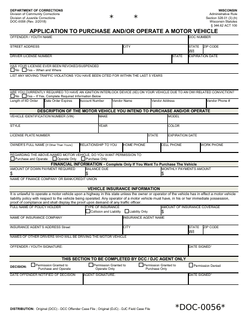 Form DOC-56 Application to Purchase and/or Operate a Motor Vehicle - Wisconsin
