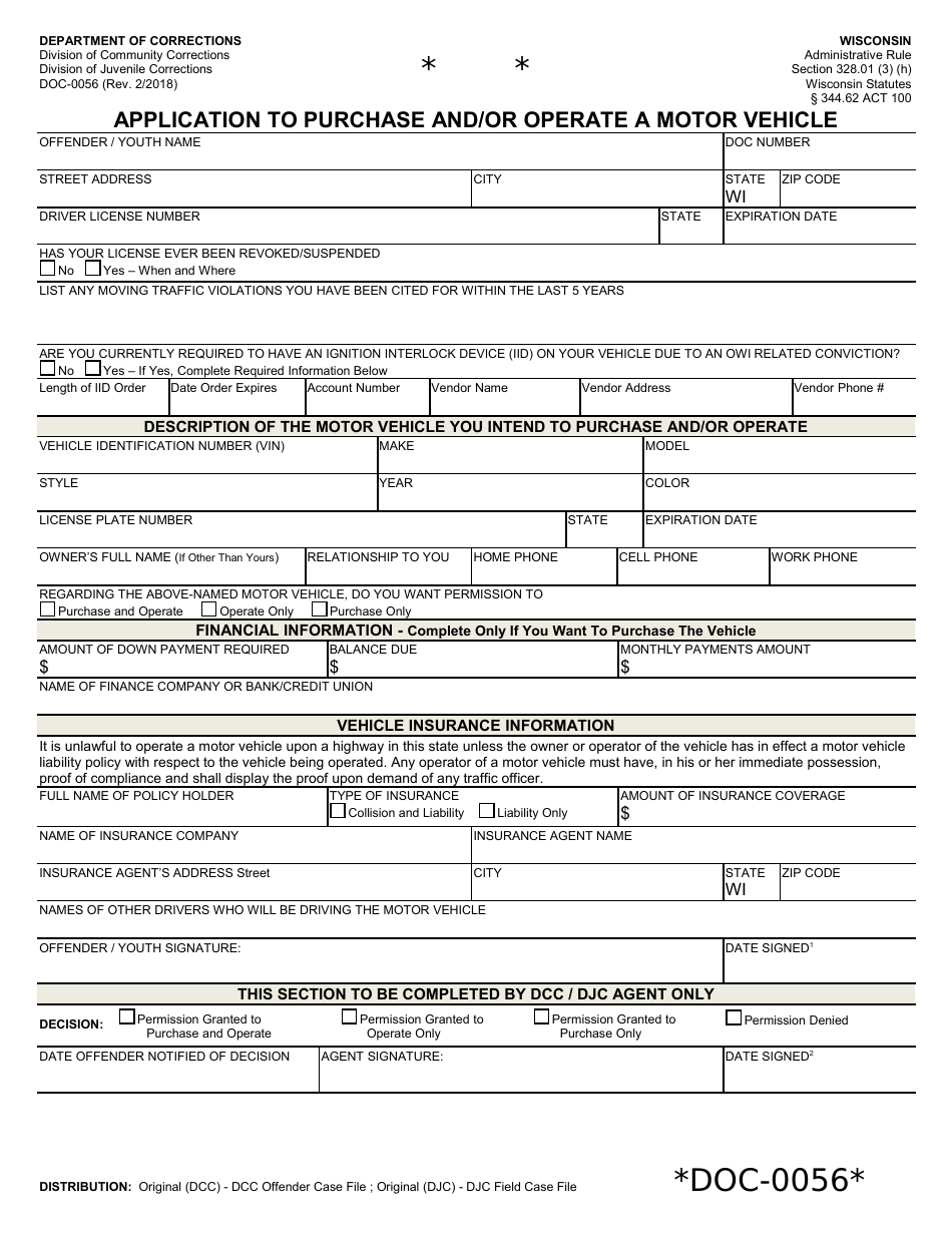 Form DOC-56 Application to Purchase and / or Operate a Motor Vehicle - Wisconsin, Page 1