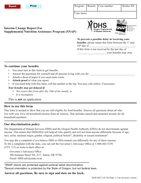 Form DHS0852 Interim Change Report for Supplemental Nutrition Assistance Program (Snap) - Oregon