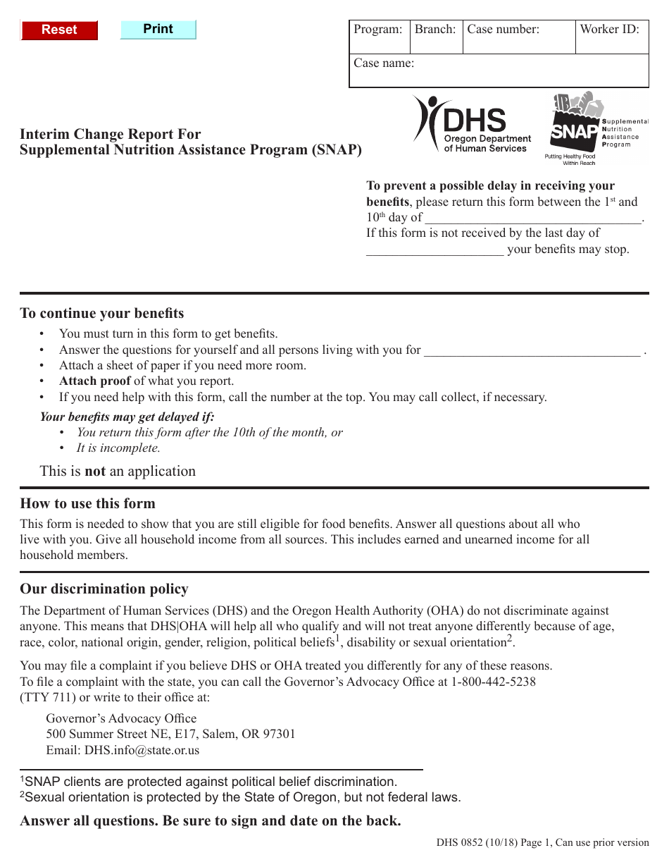 Form DHS0852 Interim Change Report for Supplemental Nutrition Assistance Program (Snap) - Oregon, Page 1