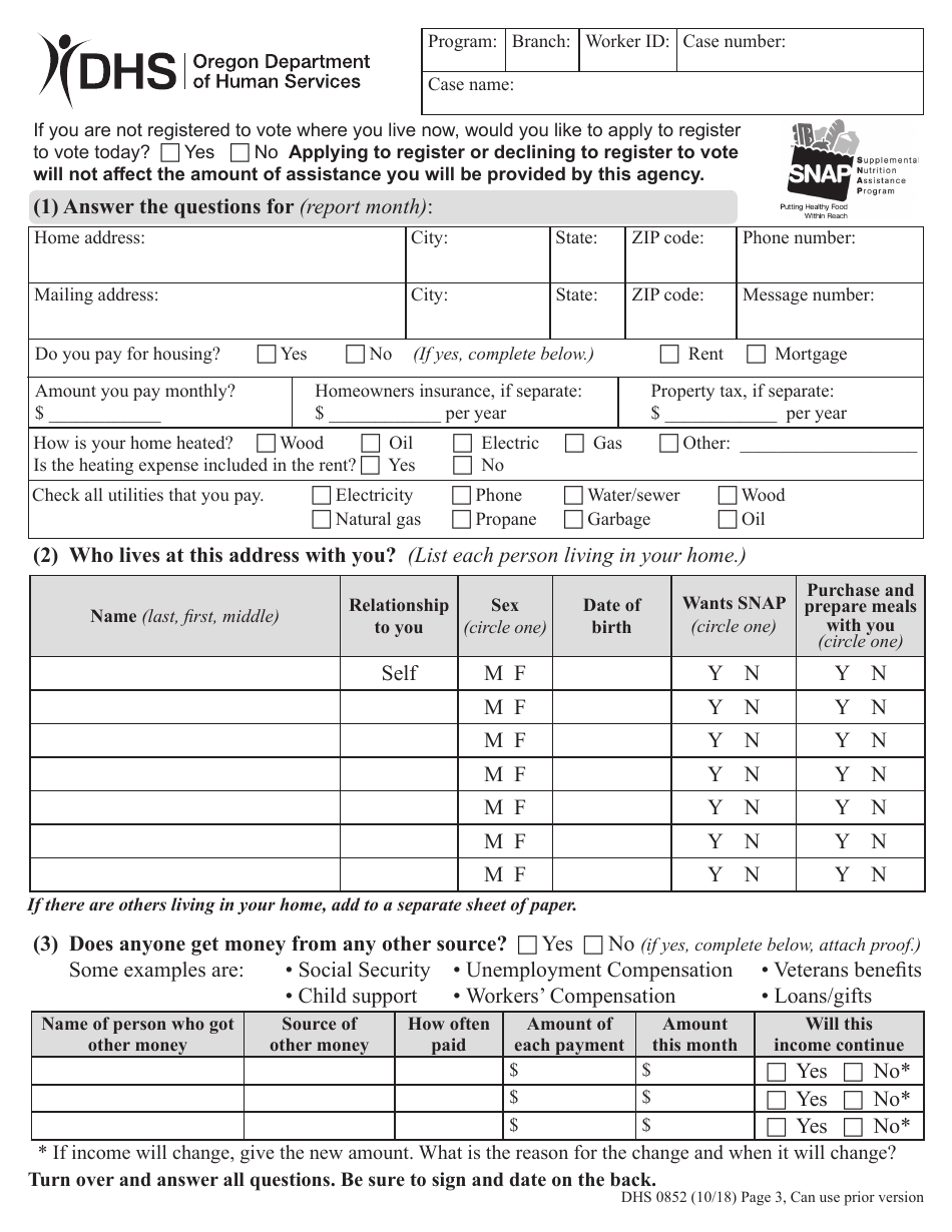 Form DHS0852 Interim Change Report for Supplemental Nutrition Assistance Program (Snap) - Oregon, Page 3