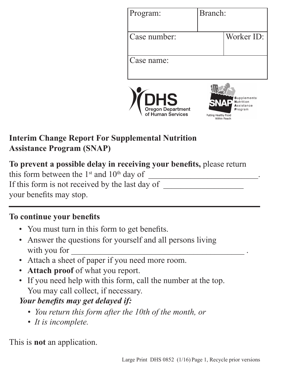 Form DHS0852 Interim Change Report for Supplemental Nutrition Assistance Program (Snap) - Large Print - Oregon, Page 1