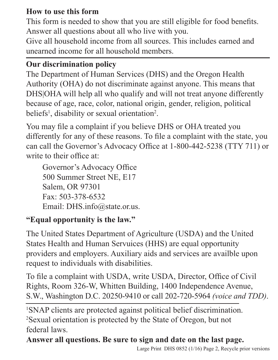 Form DHS0852 Interim Change Report for Supplemental Nutrition Assistance Program (Snap) - Large Print - Oregon, Page 2