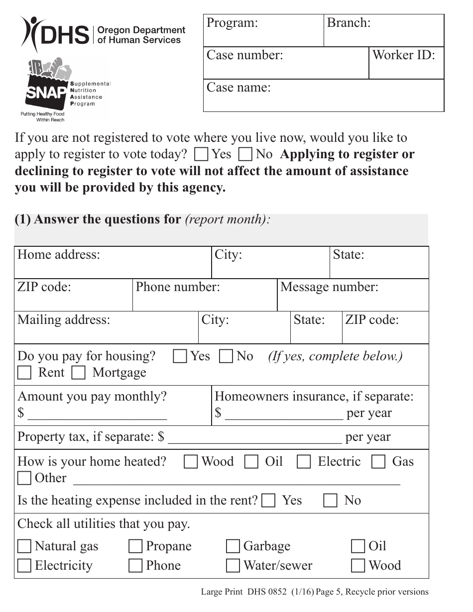 Form DHS0852 Interim Change Report for Supplemental Nutrition Assistance Program (Snap) - Large Print - Oregon, Page 5