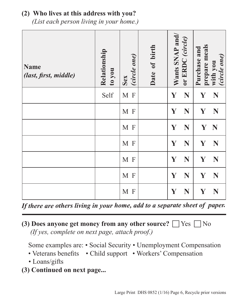 Form DHS0852 Interim Change Report for Supplemental Nutrition Assistance Program (Snap) - Large Print - Oregon, Page 6