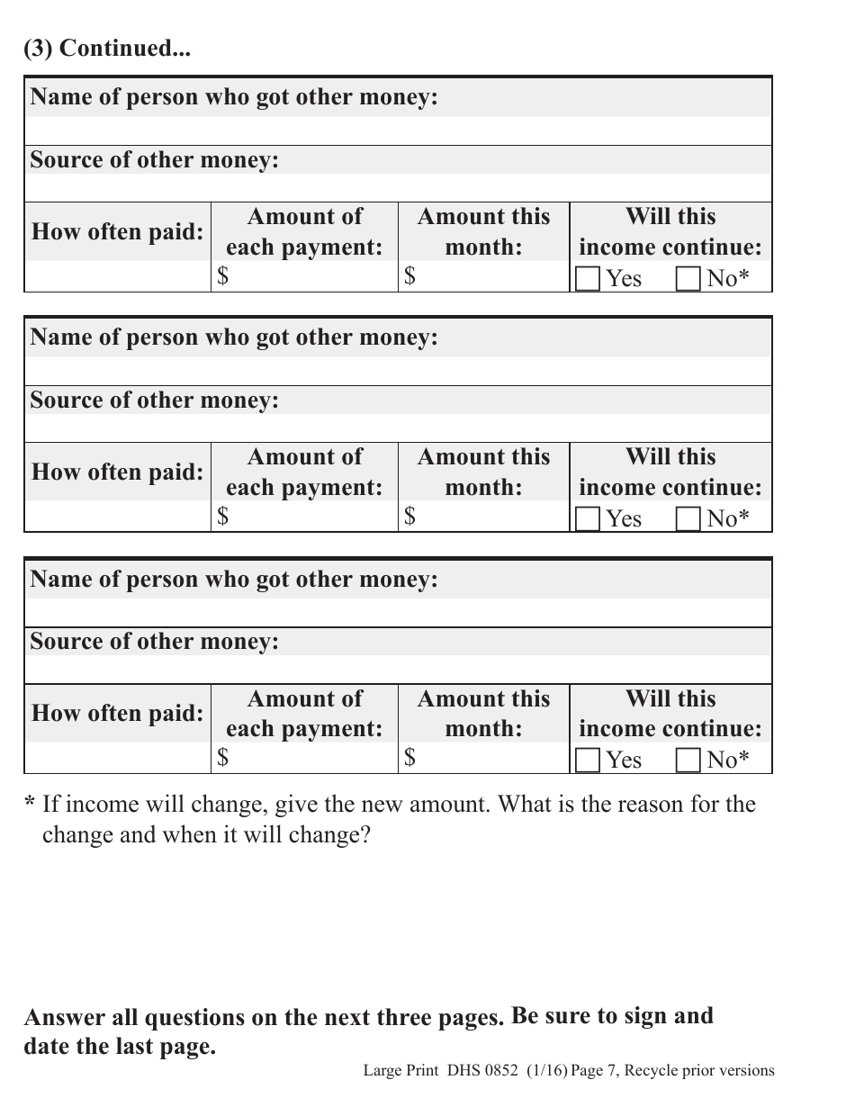 Form DHS0852 Interim Change Report for Supplemental Nutrition Assistance Program (Snap) - Large Print - Oregon, Page 7