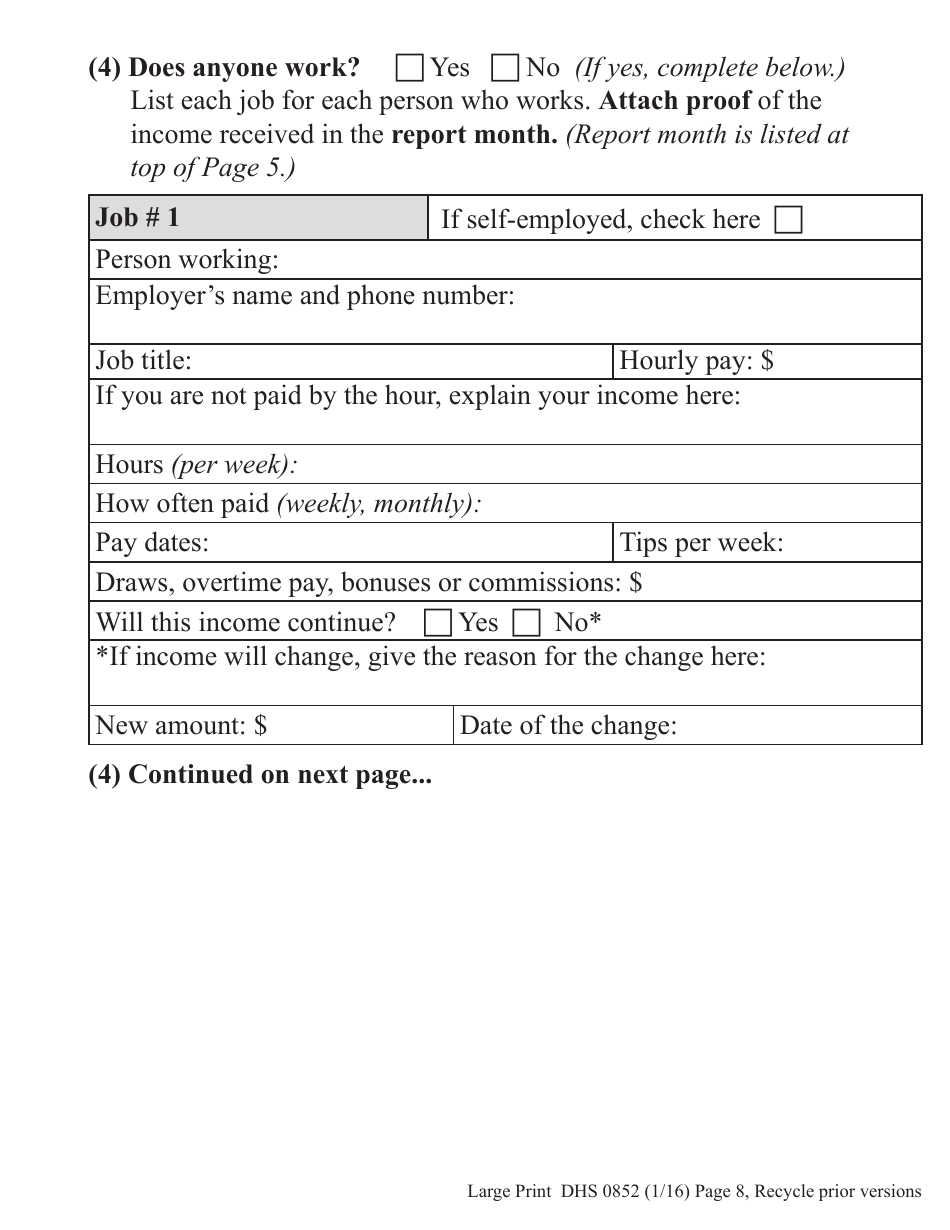 Form DHS0852 Interim Change Report for Supplemental Nutrition Assistance Program (Snap) - Large Print - Oregon, Page 8