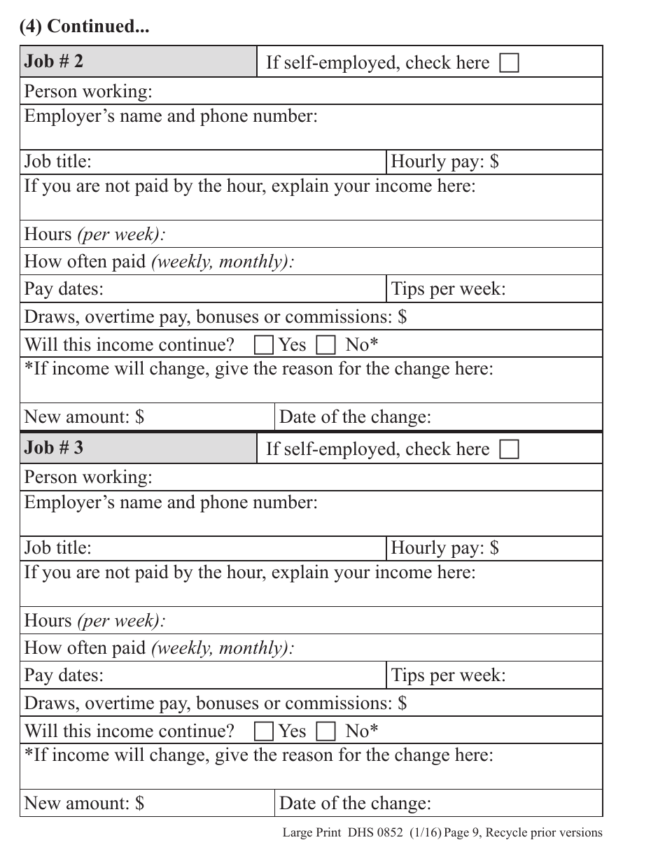 Form DHS0852 Interim Change Report for Supplemental Nutrition Assistance Program (Snap) - Large Print - Oregon, Page 9