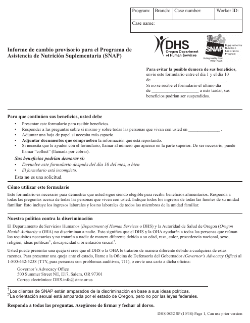 Formulario DHS0852 Informe De Cambio Provisorio Para El Programa De Asistencia De Nutricion Suplementaria (Snap) - Oregon (Spanish)