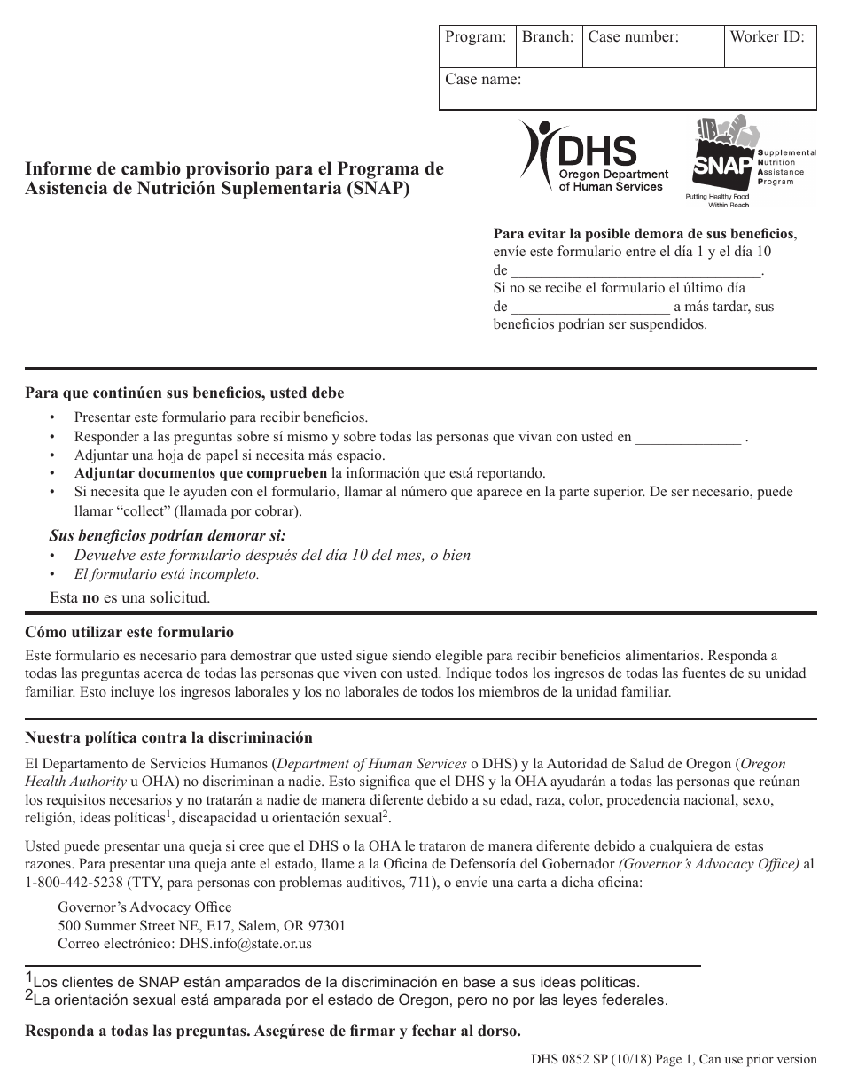 Formulario DHS0852 Informe De Cambio Provisorio Para El Programa De Asistencia De Nutricion Suplementaria (Snap) - Oregon (Spanish), Page 1