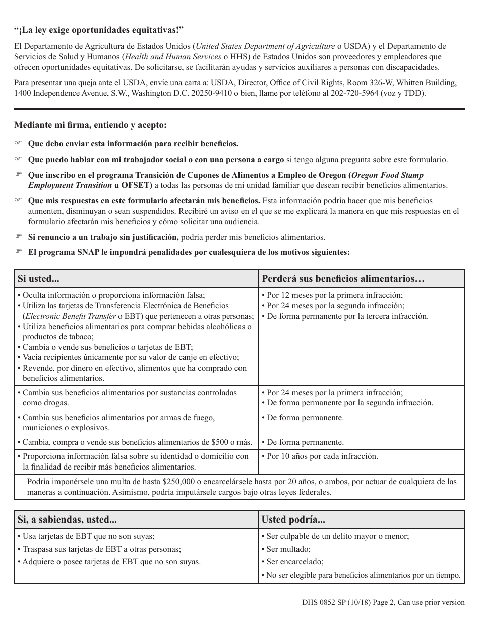 Formulario DHS0852 Informe De Cambio Provisorio Para El Programa De Asistencia De Nutricion Suplementaria (Snap) - Oregon (Spanish), Page 2